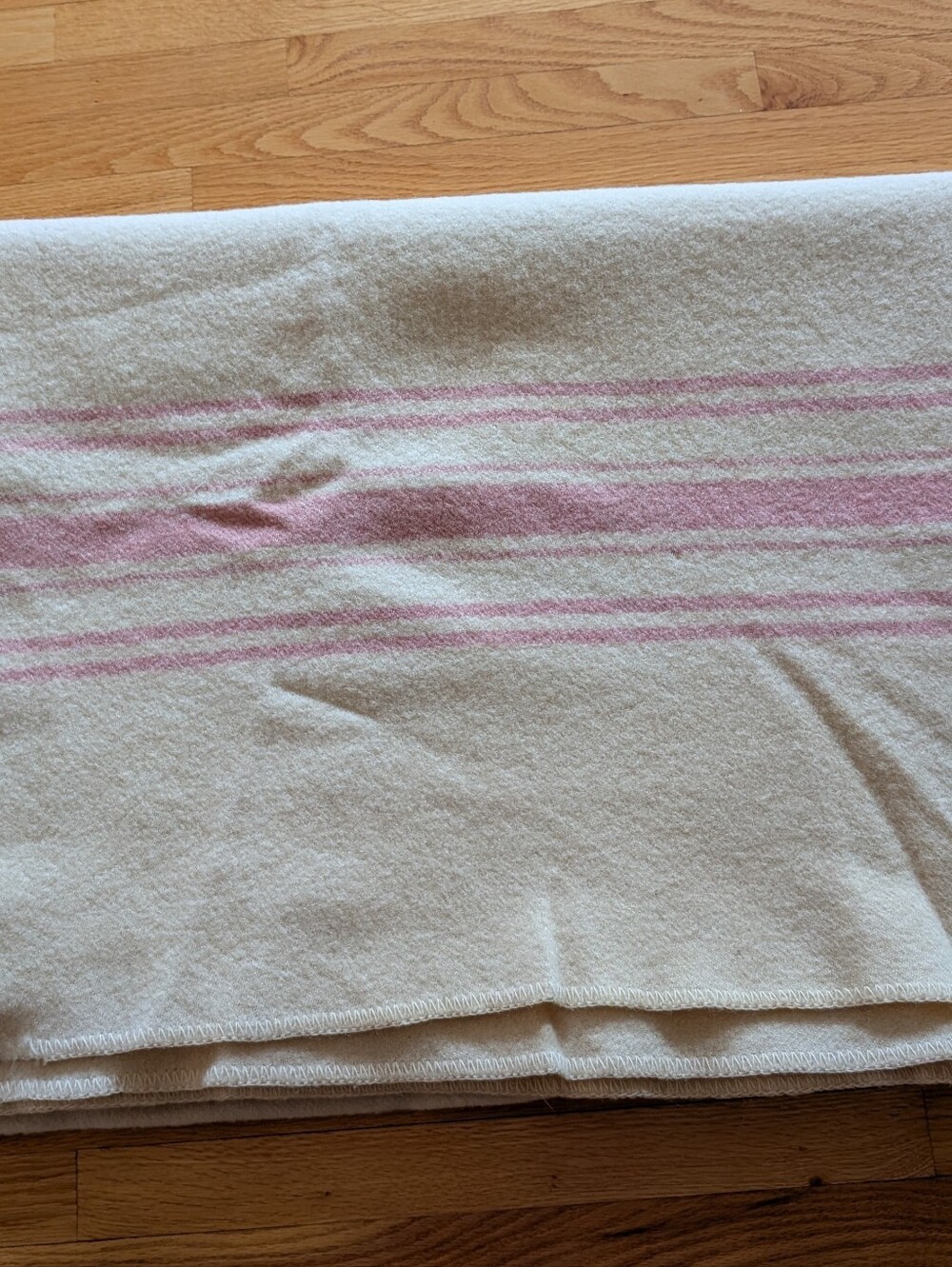 Vtg Woolen Oversized Throw Blanket 58" X 78" Cream With Pink Stripes
